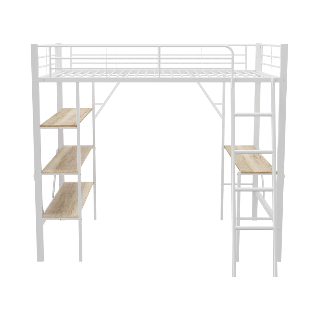 Letto a castello bianco con scrivania e tre ripiani in metallo e MDF 90x200 cm