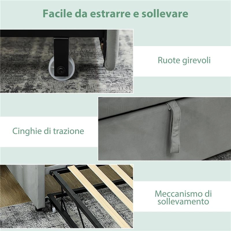 LETTO DIVANO 3 POSTI CON LETTINO ESTRAIBILE CONVERTIBILE IN LETTO MATRIMONIALE,205X186X75 CM, GRIGIO CHIARO