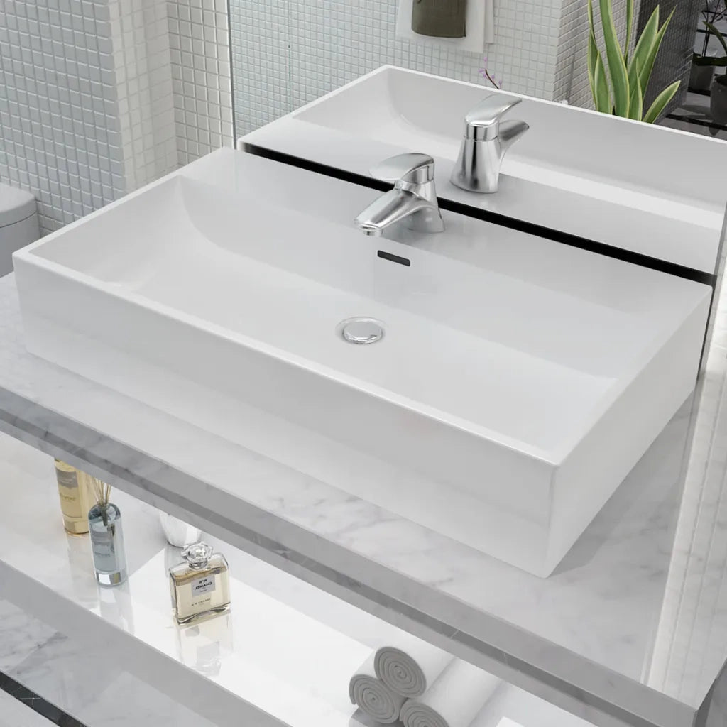 Lavandino con Foro Rubinetto in Ceramica Bianca 76x42,5x14,5 cm 142348