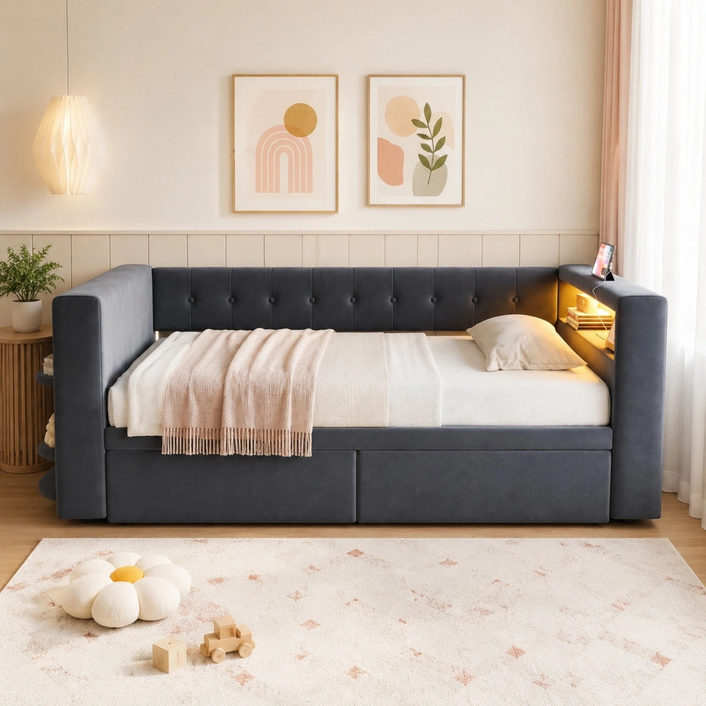 Divano letto multifunzionale 90x190 cm con LED; prese e contenitore; grigio scuro