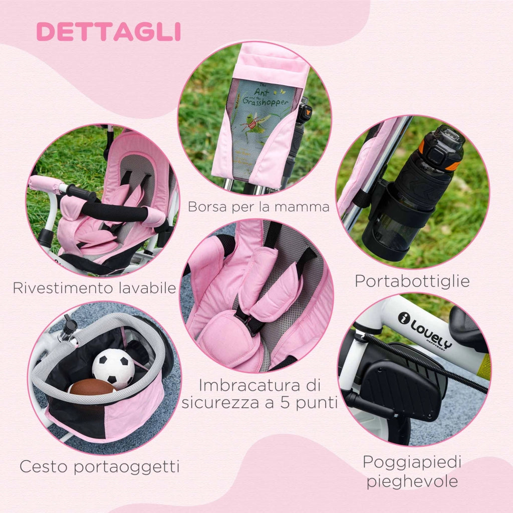 Triciclo Bambini con Tettuccio Regolabile ¨C Minimal ¨C 102x49x102 cm Bianco Rosa
