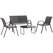 Set da Giardino con Divano 2 Poltrone Impilabili e Tavolino in Vetro Nero