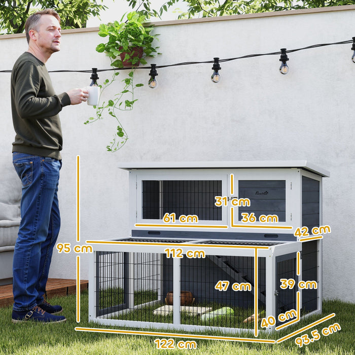 Conigliera a 2 Livelli 122x95x93,5 cm con Vassoio Estraibile  in Legno di Abete e Acciaio Grigio e Bianco