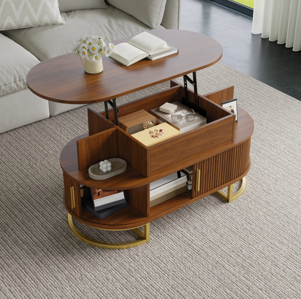 Tavolino da caffÃ¨ ovale 100x50x64 cm con piano sollevabile e vani in MDF noce