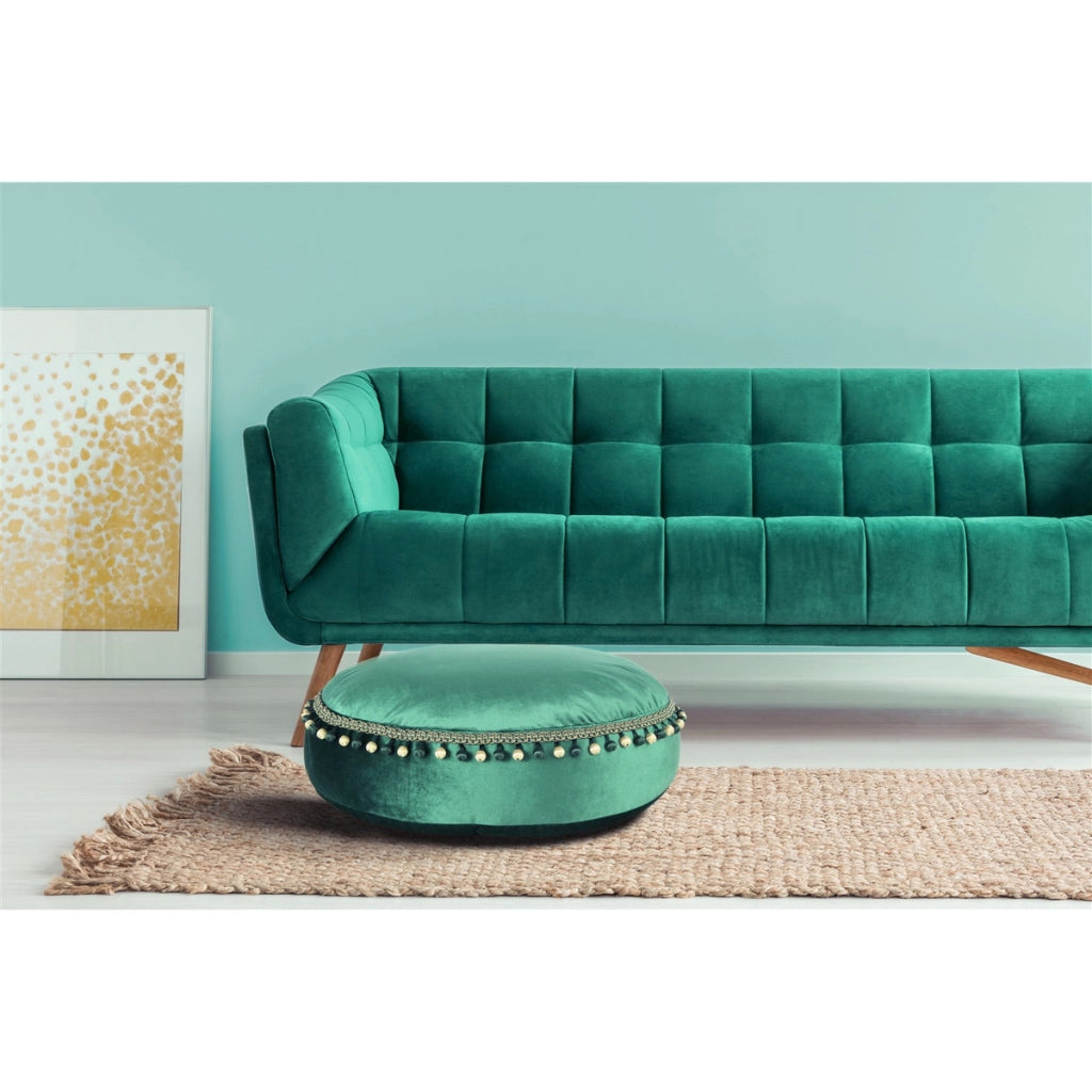 Pouf Rotondo Taj Mahal in Velluto Verde con Pompom