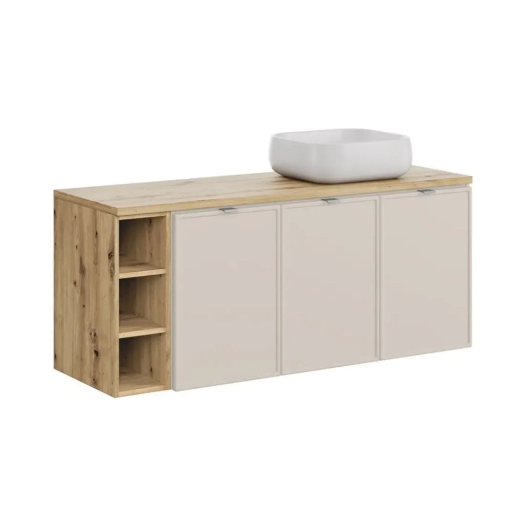 Insieme BRAZZA: mobile sottolavabo con ante 140cm con nicchie a vista + piano per lavabo + lavabo da appoggio quadrato arrotondato