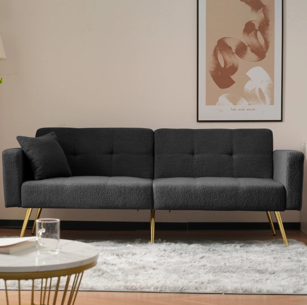 Divano letto convertibile con schienale regolabile, tasche laterali e gambe dorate, 175 cm