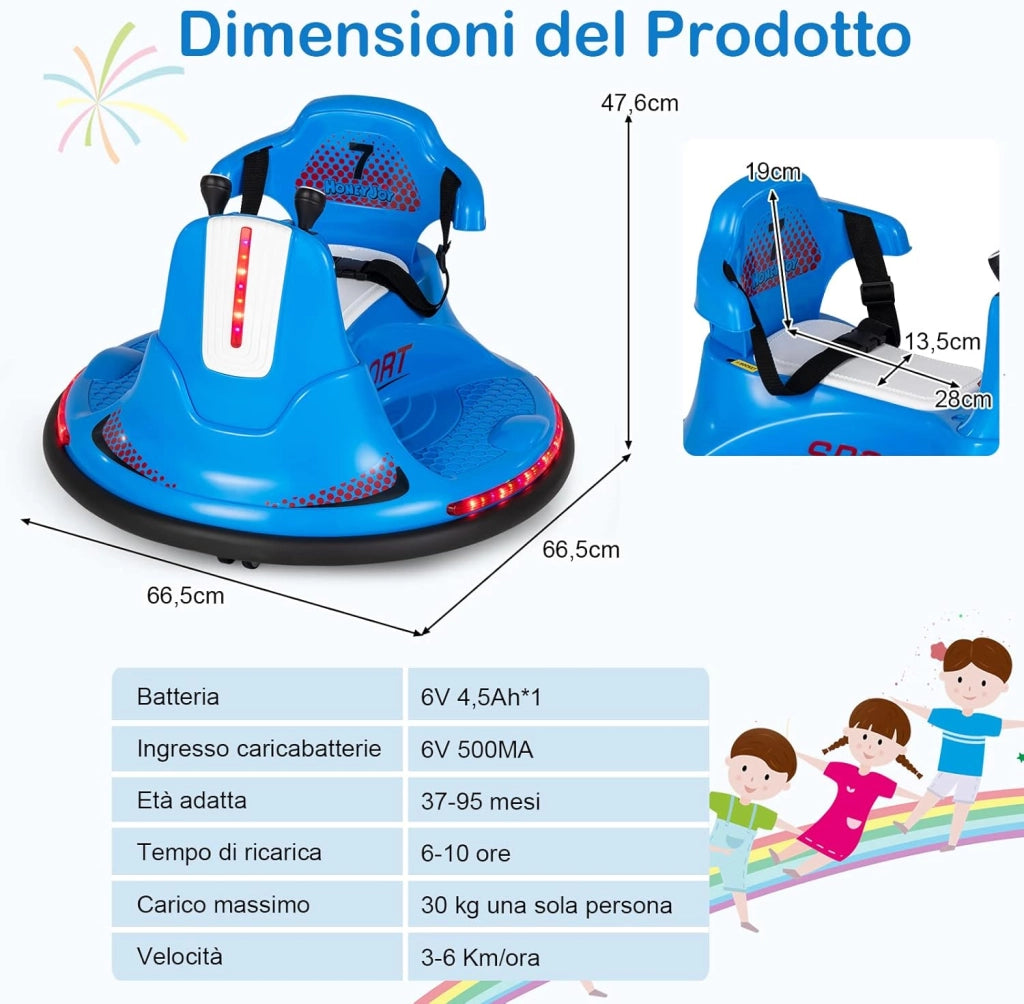 6V Autoscontro Elettrico per Bambini, Veicolo Elettrico con Telecomando, Girevole a 360°, Luci LED Colorate e Cintura di Sicurezza Regolabile, 37-95 Mesi (Blu)