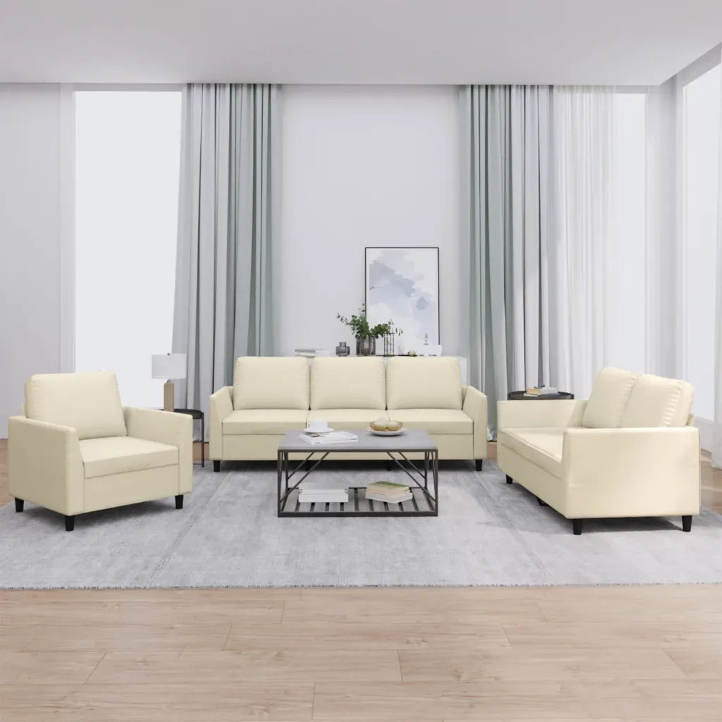Set di Divani 3 pz con Cuscini crema in Similpelle