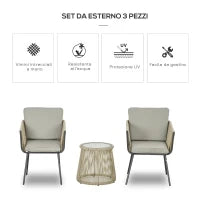 Set da Esterno con Tavolino in Vetro e 2 Sedie da Giardino in Rattan Stile Boho, Caffè
