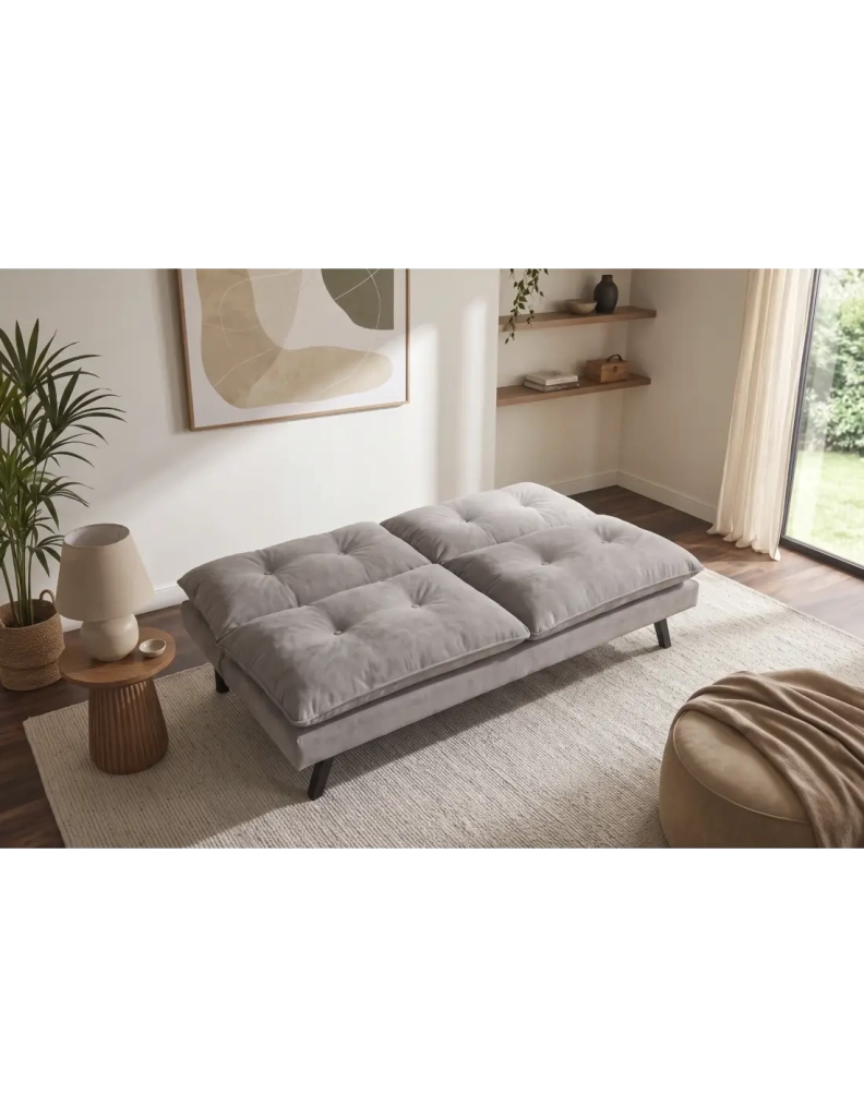 Divano letto AZENA 3 posti in tessuto ciniglia – Beige e nero – 190 x 80 x 90 cm