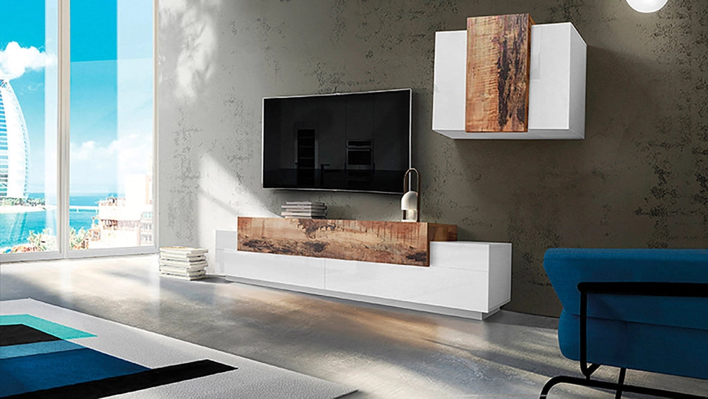 Parete Attrezzata Soggiorno Porta TV 240x45x51,6 cm con Pensile Coro Bianco Lucido e Acero Pereira