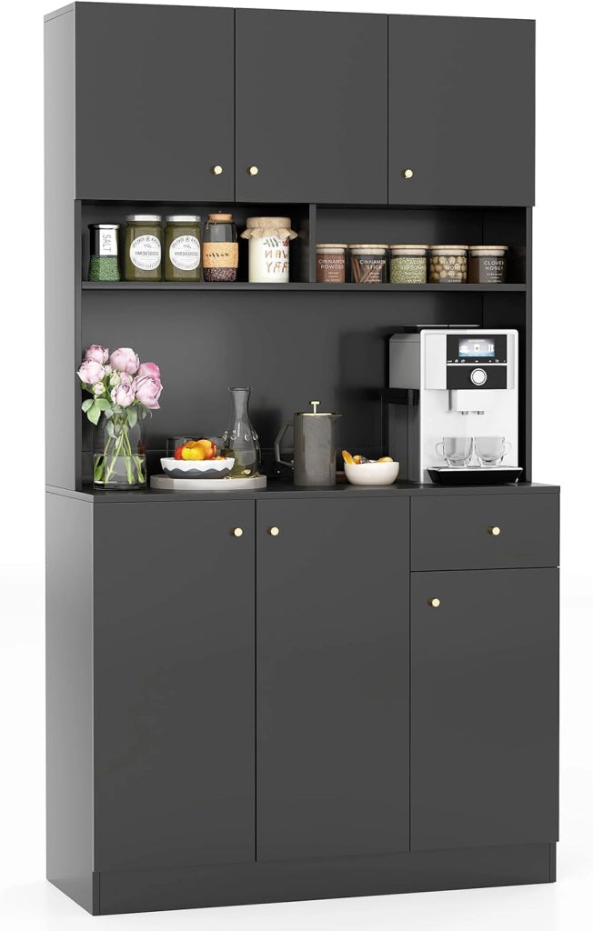 Credenza Alta da Cucina con Stazione di Ricarica, Mobile Dispensa con Cassetto e Porte, Armadietto a Buffet con Ripiani Regolabili, 100x40x181cm, per Sala da Pranzo (In 2 Pacchi) (Nero)