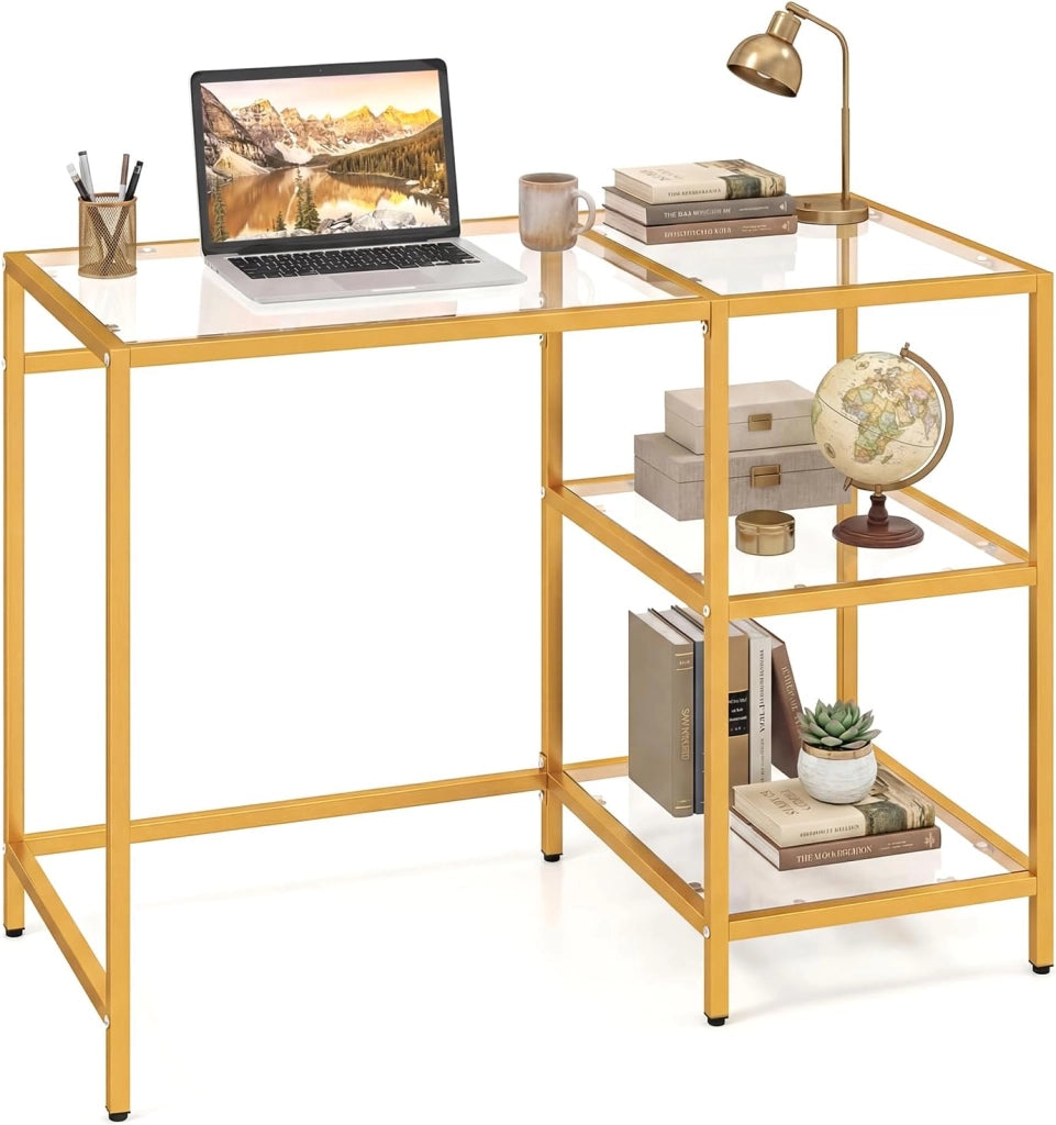 Scrivania in Vetro Temperato 106 x 51 x 77 cm, Tavolo PC Multifunzionale Salvaspazio con 2 Ripiani, Consolle Trucco Moderna per Camera da Letto, Studio, Ufficio e Soggiorno (Oro)