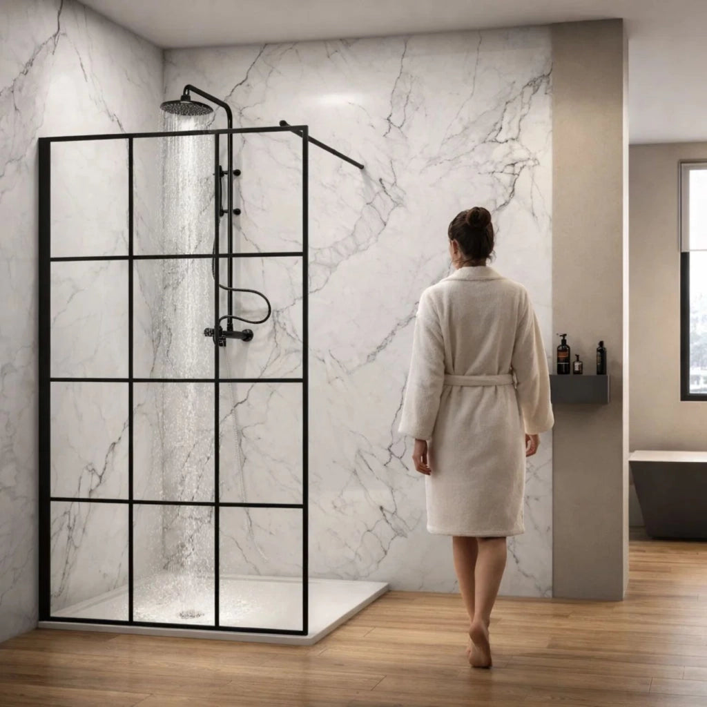 Parete doccia walk-in in cristallo temprato con profilo nero cristallo 8 mm *** misure 107-109xh200 cm, confezione 1