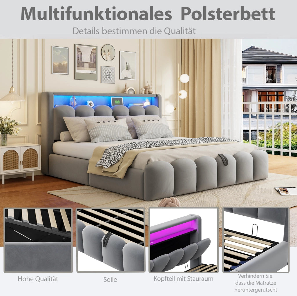 Letto matrimoniale imbottito 180x200 cm con LED e contenitore