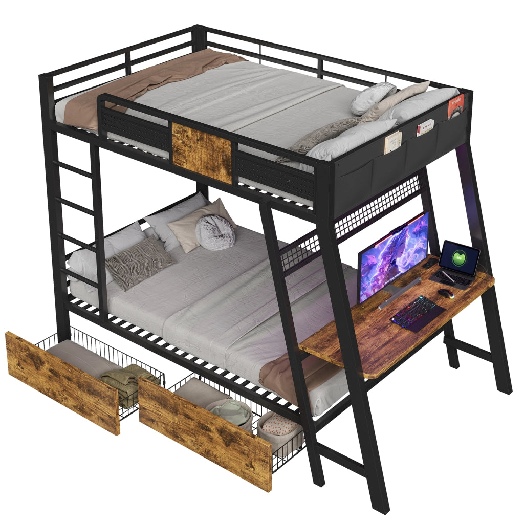 Letto a castello in metallo 90x200 cm con scrivania integrata; LED e contenimento; nero