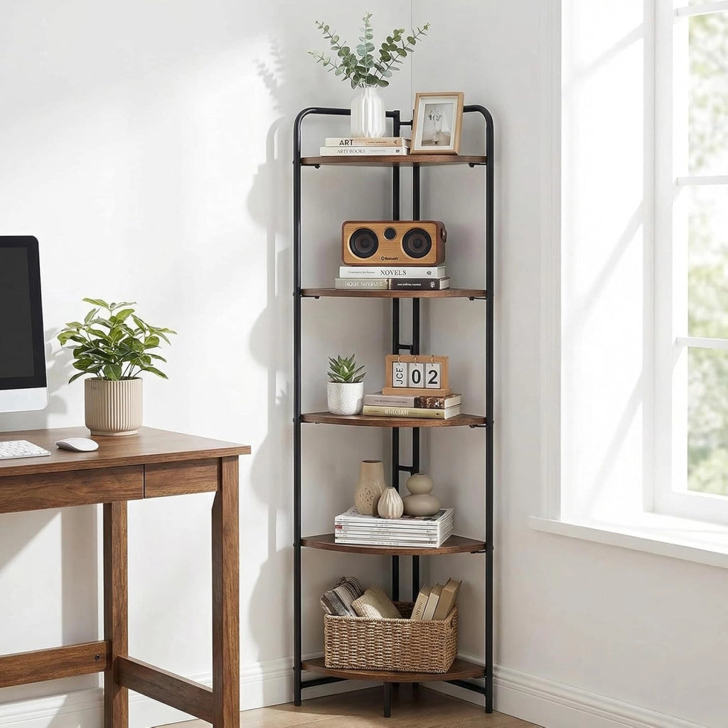 Libreria Angolare Pieghevole, Scaffale Stretto in Legno a 5 Ripiani, Organizer per Libri con Struttura Metallica, Design Industriale e Salvaspazio, per Casa Ufficio Studio, 34x34x151 cm