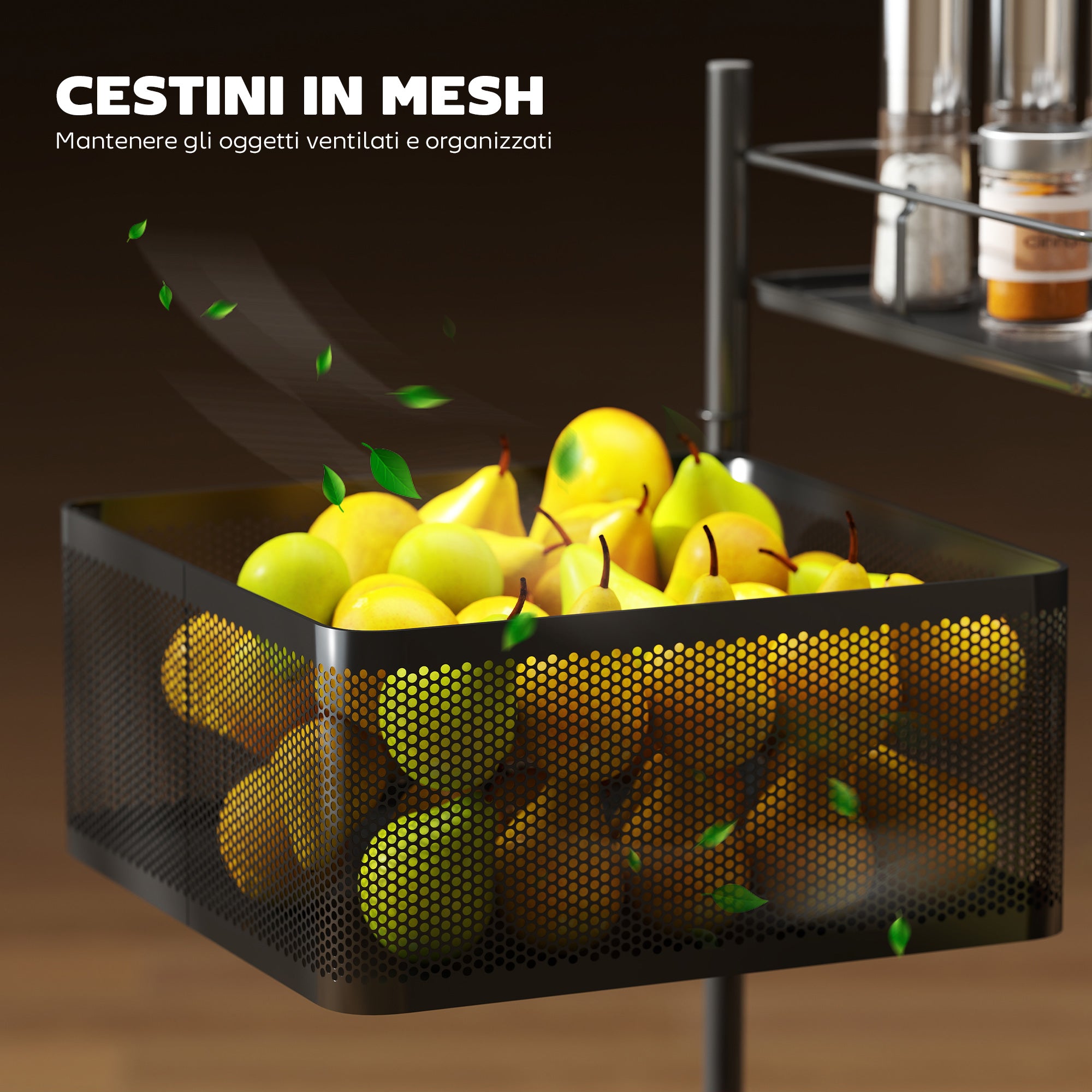 Carrello Cucina a 3 Livelli 27,5x27,5x62 cm con Cestini in Metallo Girevoli Ruote e Freno Nero