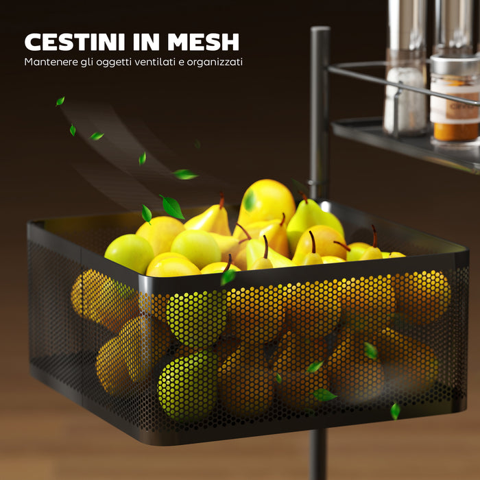Carrello Cucina a 3 Livelli 27,5x27,5x62 cm con Cestini in Metallo Girevoli Ruote e Freno Nero