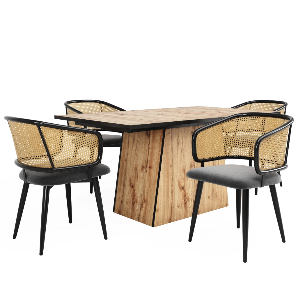 Sedia da Pranzo con Schienale in Rattan e Design Ergonomico, Gambe in Ferro, Velluto Grigio