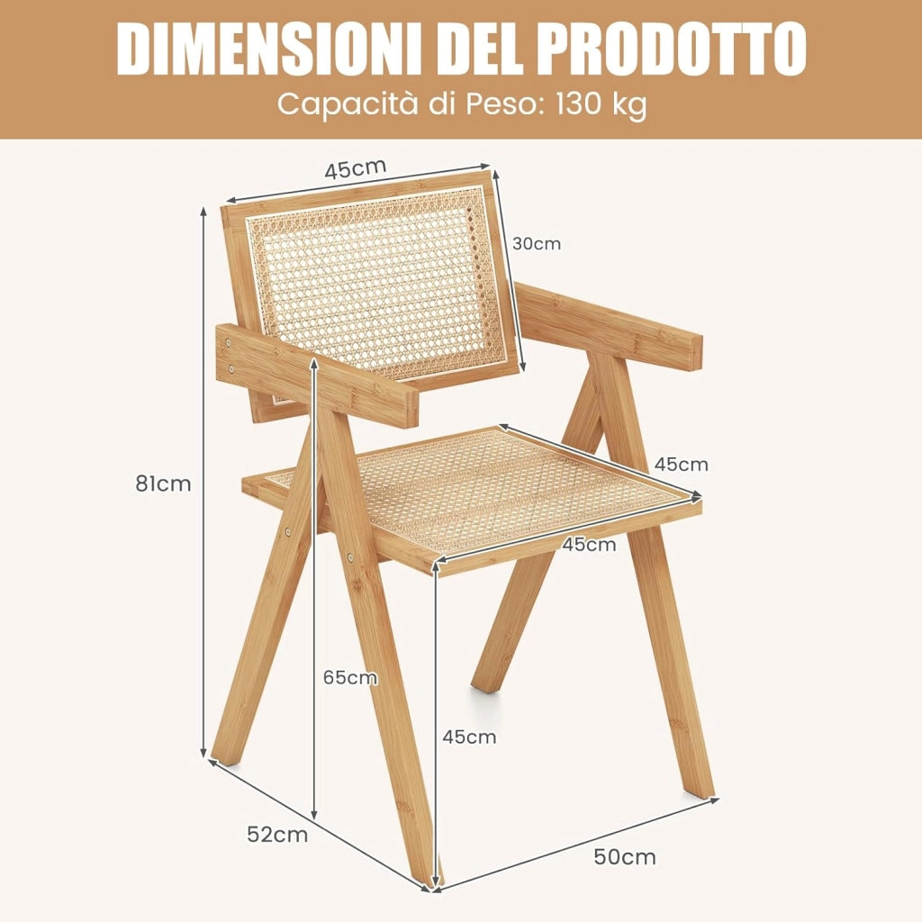Set di 2 Sedie in Bambù 50 x 52 x 81cm, Sedie da Cucina Moderno con Schienale Ergonomico in Rattan, 4 Piedini in Feltro e Braccioli, Poltrone per Sala da Pranzo, Soggiorno e Ristorante (2)