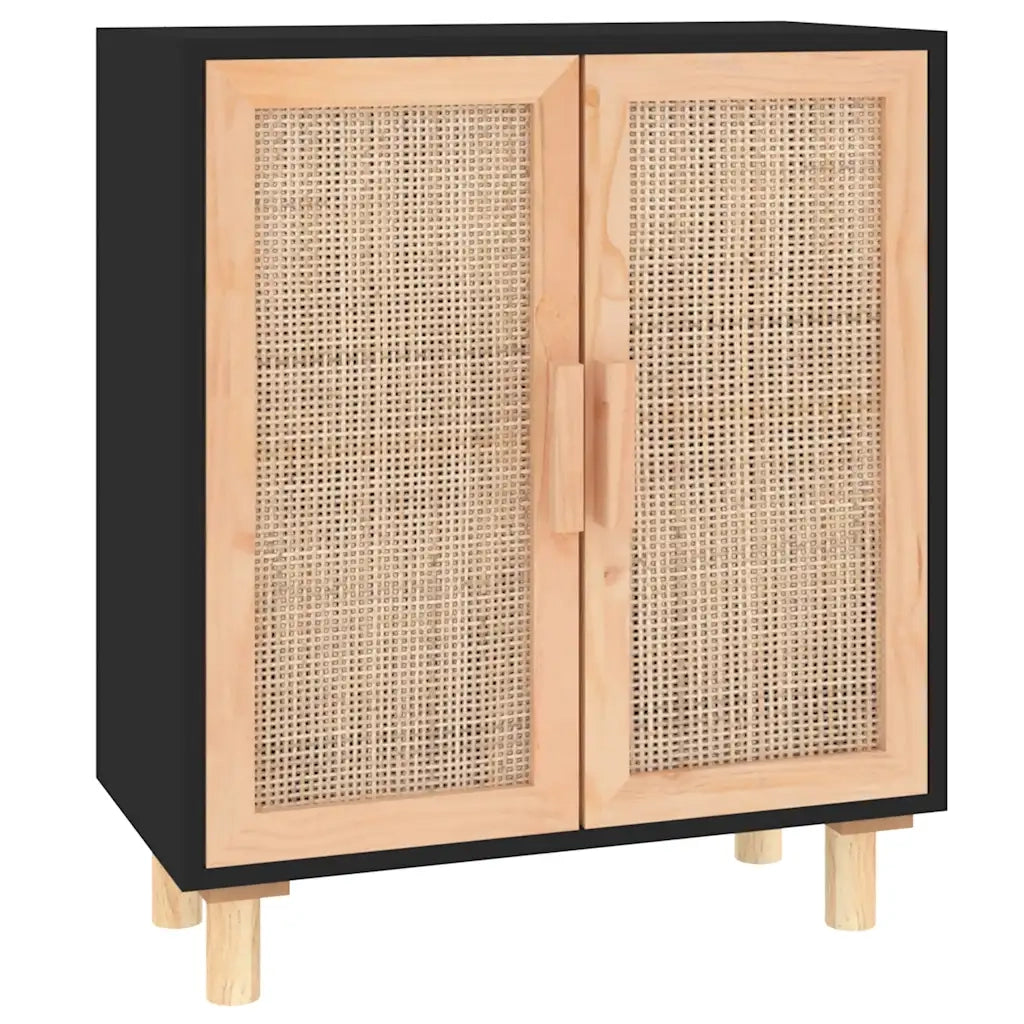 Credenza | Madia | Buffet da pranzo | Armadio da pranzo Nera 60x30x70 cm Legno Massello Pino e Rattan Naturale