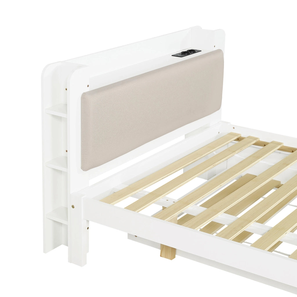 Letto Estraibile 120x200 cm; Letto 2 Posti con Stazione di Ricarica e Mensole - Bianco