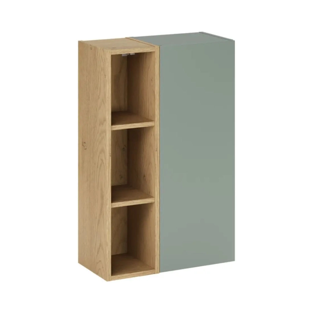 Mobile da parete OSTER 50cm – mobile sospeso verde salvia con 1 anta e 3 nicchie visibili in rovere chiaro