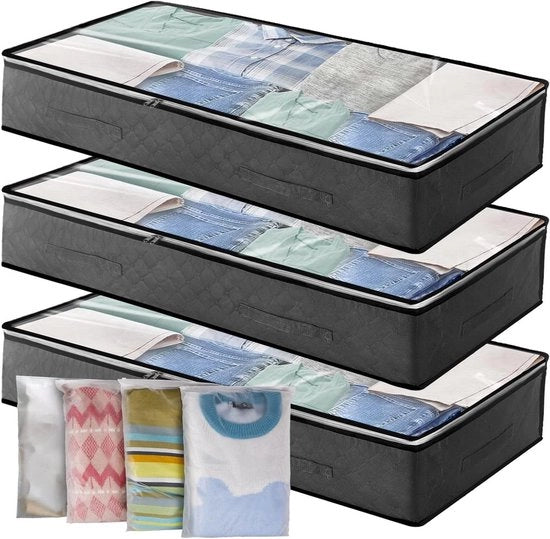 Borsa di Stoccaggio sotto il Letto 3 Pack 90L Boxa Grande con 4 Grandi Tasche con Cerniera e Finestra in PVC per Abiti, Duveti, Coperte e Trucioli di Letto
