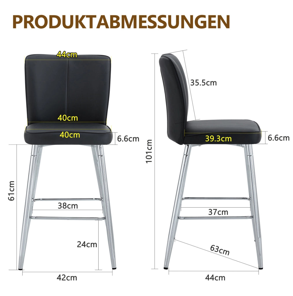 Sgabello da bar con schienale ergonomico in pelle PU nera e metallo argento