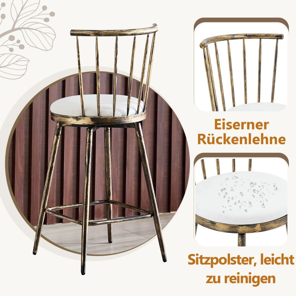 Sgabello da bar con schienale Windsor in metallo e seduta imbottita in PU marrone e bianco 73 × 45,5 × 45 cm