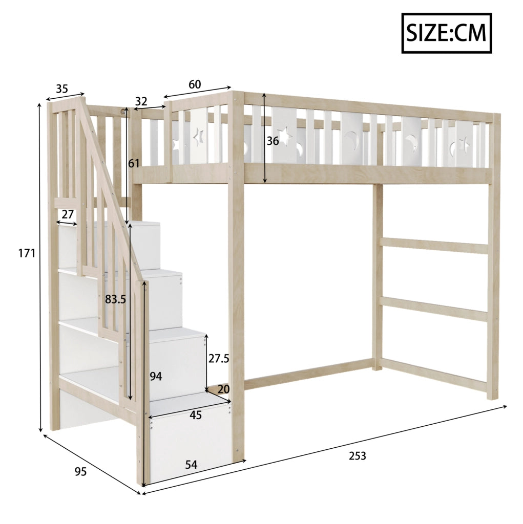 Letto a soppalco per bambini 90x200 cm in legno massello; con scala e ripiani; bianco/naturale