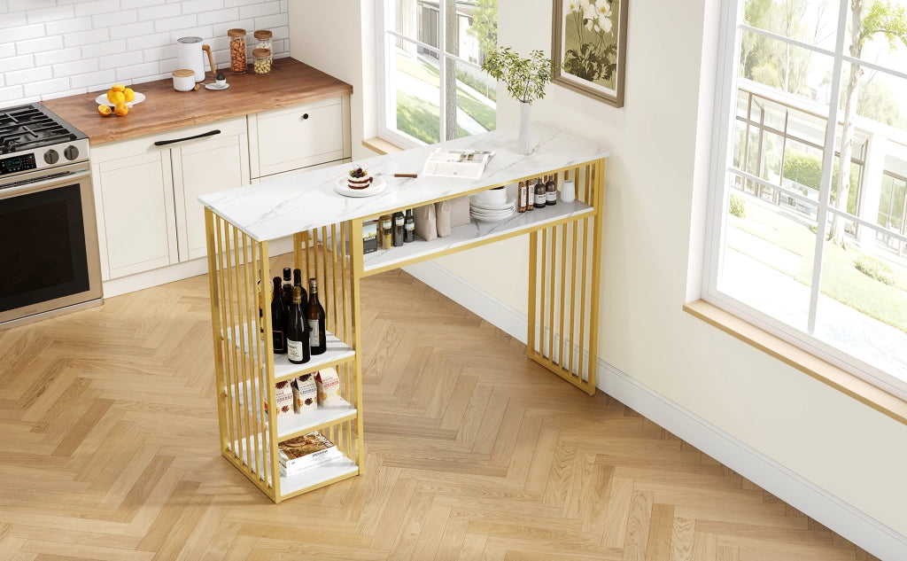 Tavolo da bar con ripiani aperti e struttura in metallo, piano in MDF effetto marmo, per cucina e sala da pranzo, 140 × 40 × 105 cm