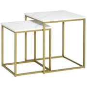 Tavolino da Salotto Set 2 Pezzi Impilabile con Piano in Truciolato e Struttura in Acciaio, Bianco e Oro