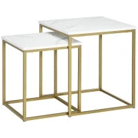 Tavolino da Salotto Set 2 Pezzi Impilabile con Piano in Truciolato e Struttura in Acciaio, Bianco e Oro