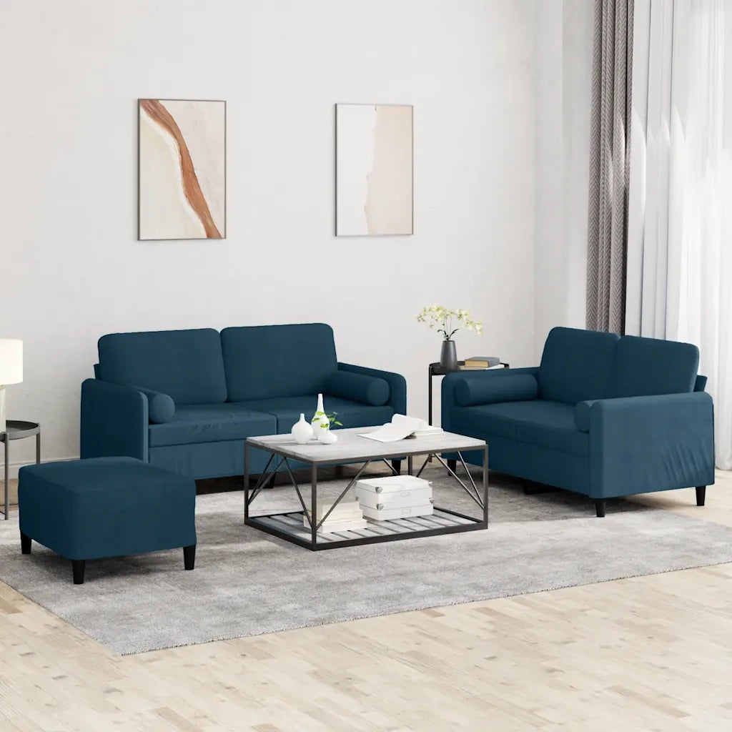 Set di Divani 3 pz con Cuscini Blu in Velluto