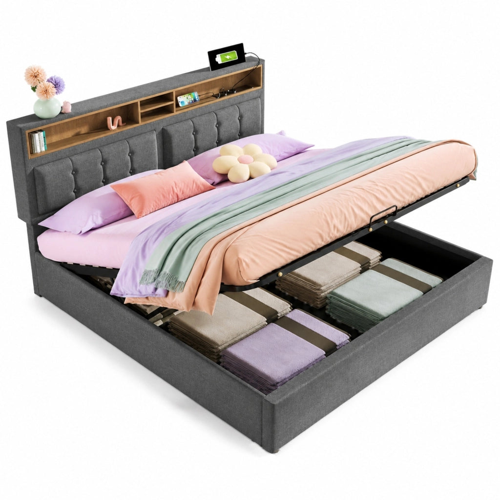 Letto matrimoniale imbottito 160 × 200 cm con vano contenitore testiera regolabile prese USB e Type-C grigio