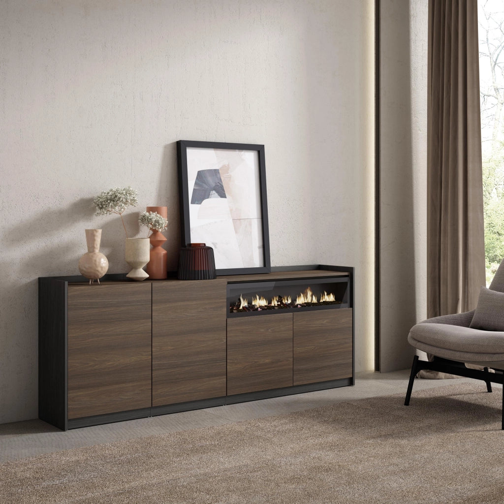 Credenza, Mobile, Cucina, 207x80x37 cm, 4 Porte, Camino elettrico, Rovere scuro e Nero