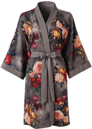 Kimono corto per donne - Abito da notte con tasche fiori (Nero Grigio)