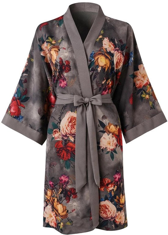 Kimono corto per donne - Abito da notte con tasche fiori (Nero Grigio)