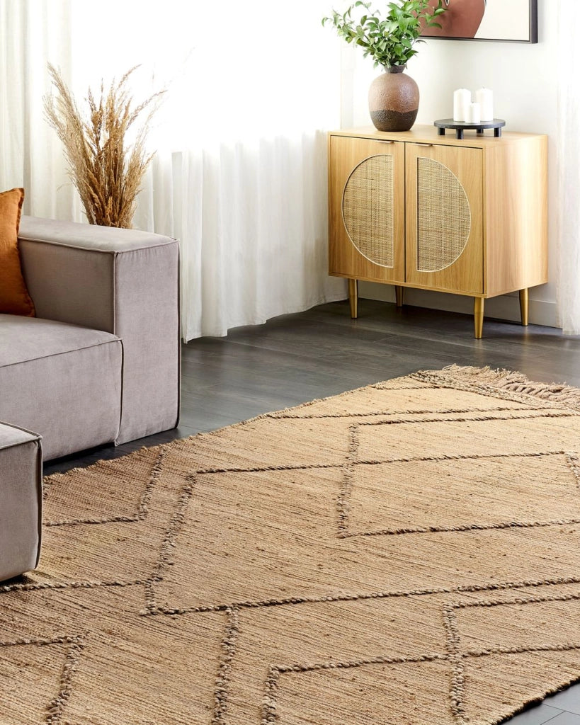 Tappeto Beige Juta 200 x 300 cm Tessuto a mano Linee geometriche con nappe Stile naturale Boho Tessile