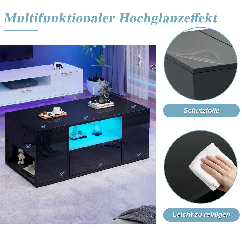 Tavolino basso con 1 cassetto, 2 vani chiusi, vano centrale aperto e LED, per soggiorno, 100 × 50 × 40 cm, nero