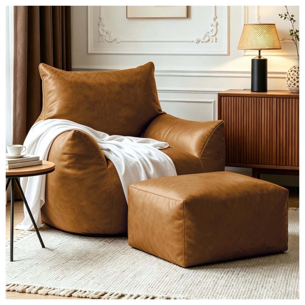 Fauteuil pouf ergonomico in tessuto tecnico con imbottitura in memory foam e base antiscivolo per relax marrone