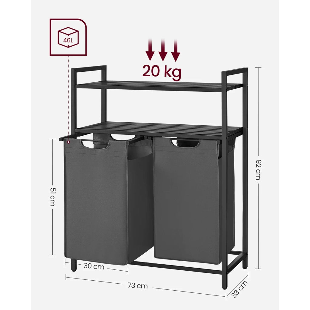 Cesto portabiancheria con 2 scomparti e 2 ripiani per sacchetti estraibili capacità 46 litri per sacchetto per bagno o lavanderia nero 12_0006753