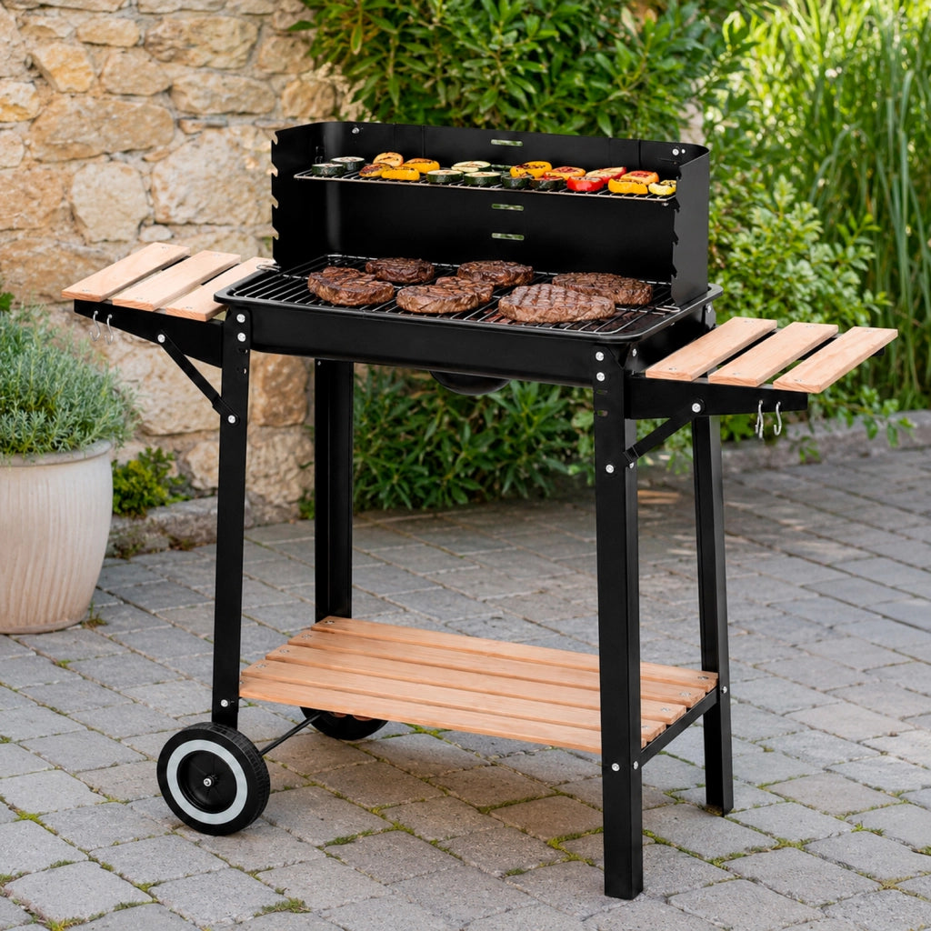 Barbecue A Carbone Con Paravento Antivento Griglia Cromata Ripiani Laterali In Legno Ganci Porta Accessori Ruote Integrate Per Giardino Terrazzo E Campeggio 94 x 40 x 84 Cm Nero