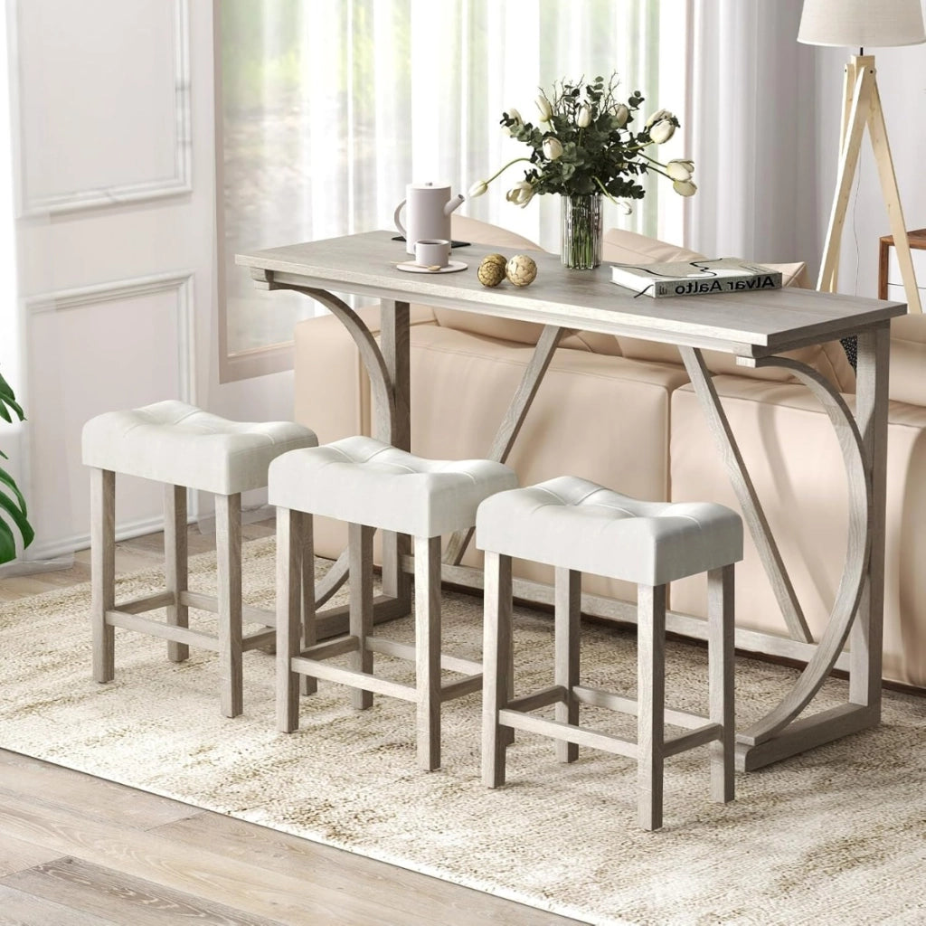 Set tavolo da bar 4 pezzi con presa di corrente, Tavolo da bistro altezza bancone e sgabelli imbottiti a sella Grigio + Beige-Tavoli e sedie da pranzo