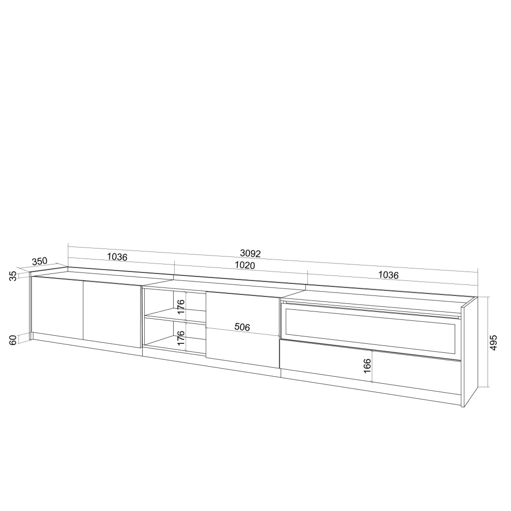 Mobile TV Soggiorno, 310x50x37 cm, Per TV fino a 80", Camino elettrico, Nero e rovere