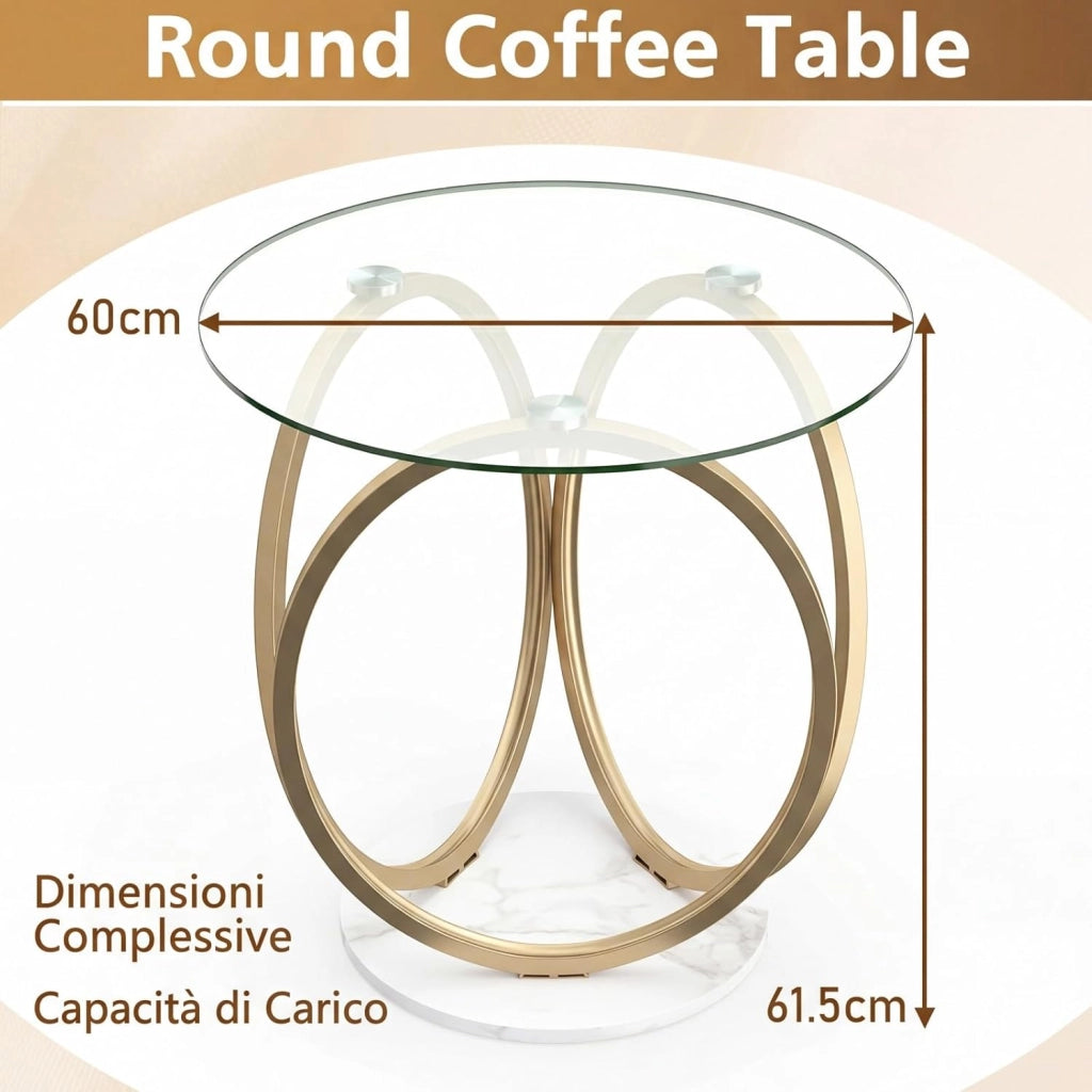Tavolino da Salotto in Vetro, Tavolino da Caffè Rotondo con Struttura Geometrica ad Anello in Metallo Dorato a Forma di Cerchio, Tavolo Basso per Soggiorno, Ufficio e Studio