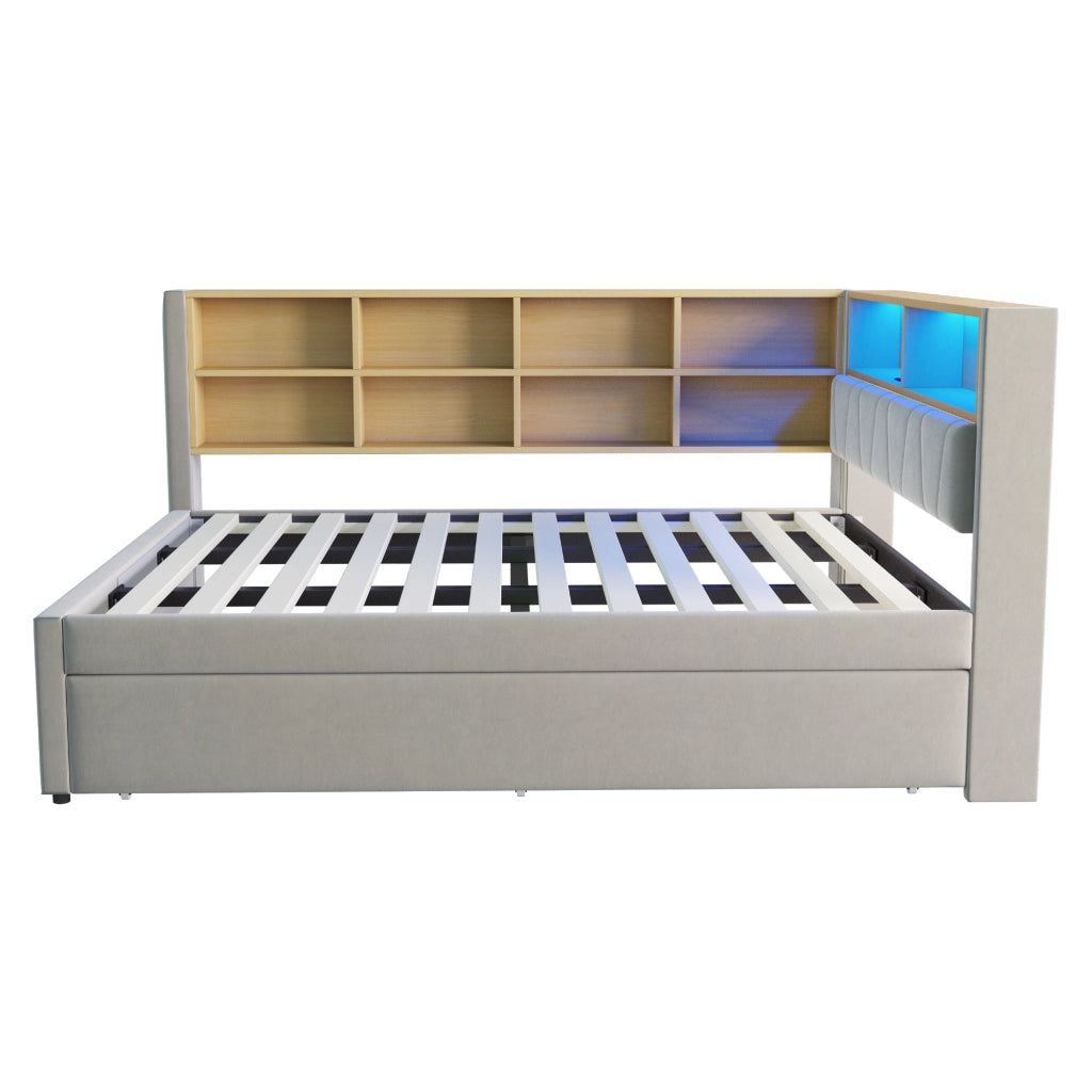 Divano letto con letto estraibile 140x200 cm, LED, USB e vani contenitore, flanella grigio chiaro